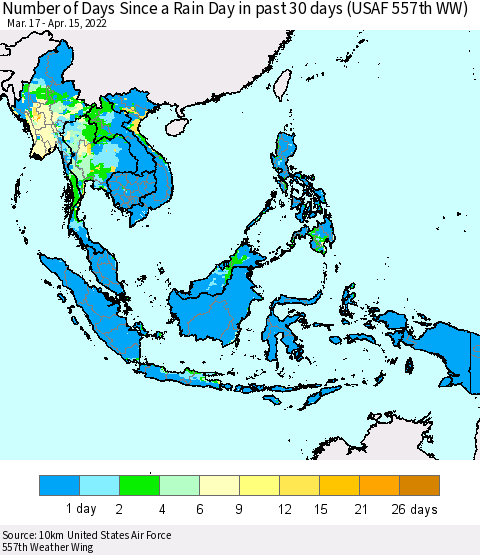 South East Asia Number of Days Since a Rain Day in past 30 days (USAF 557th WW) Thematic Map For 4/11/2022 - 4/15/2022