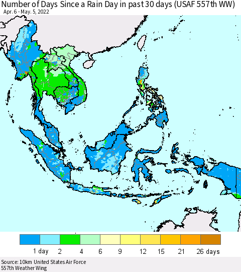 South East Asia Number of Days Since a Rain Day in past 30 days (USAF 557th WW) Thematic Map For 5/1/2022 - 5/5/2022