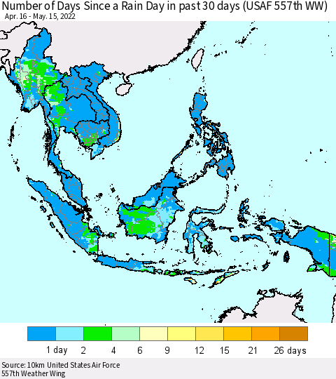 South East Asia Number of Days Since a Rain Day in past 30 days (USAF 557th WW) Thematic Map For 5/11/2022 - 5/15/2022