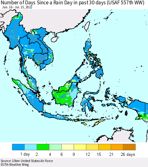 South East Asia Number of Days Since a Rain Day in past 30 days (USAF 557th WW) Thematic Map For 7/11/2022 - 7/15/2022