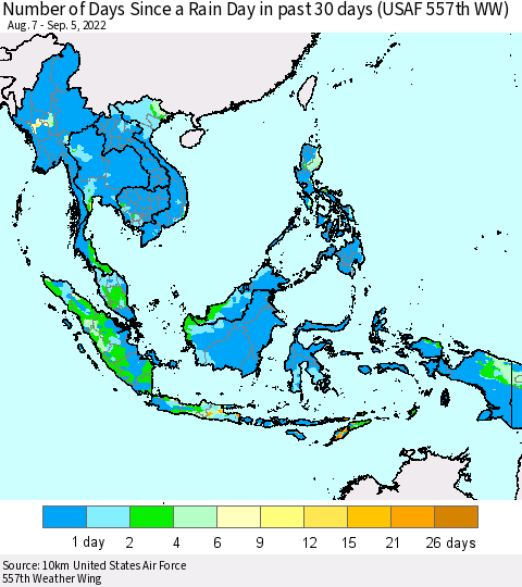 South East Asia Number of Days Since a Rain Day in past 30 days (USAF 557th WW) Thematic Map For 9/1/2022 - 9/5/2022