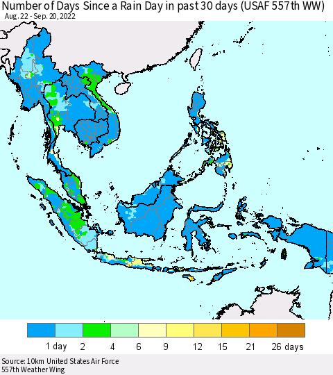 South East Asia Number of Days Since a Rain Day in past 30 days (USAF 557th WW) Thematic Map For 9/16/2022 - 9/20/2022