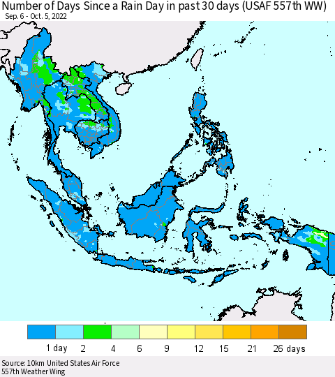 South East Asia Number of Days Since a Rain Day in past 30 days (USAF 557th WW) Thematic Map For 10/1/2022 - 10/5/2022