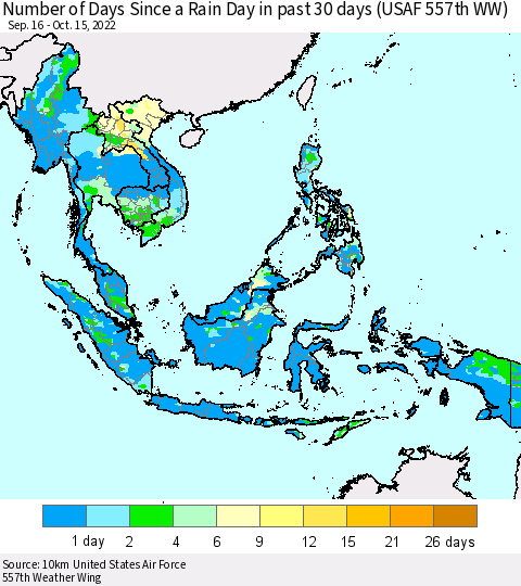 South East Asia Number of Days Since a Rain Day in past 30 days (USAF 557th WW) Thematic Map For 10/11/2022 - 10/15/2022