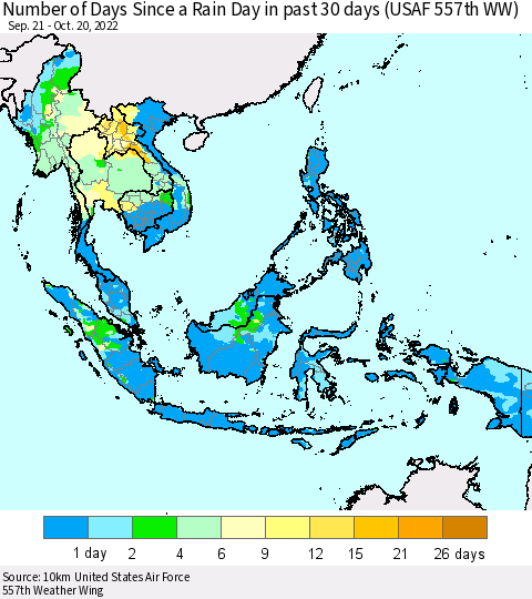 South East Asia Number of Days Since a Rain Day in past 30 days (USAF 557th WW) Thematic Map For 10/16/2022 - 10/20/2022