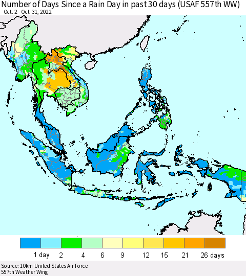 South East Asia Number of Days Since a Rain Day in past 30 days (USAF 557th WW) Thematic Map For 10/26/2022 - 10/31/2022