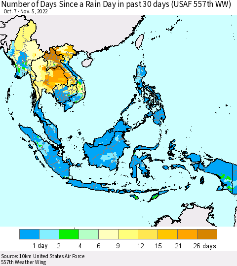 South East Asia Number of Days Since a Rain Day in past 30 days (USAF 557th WW) Thematic Map For 11/1/2022 - 11/5/2022