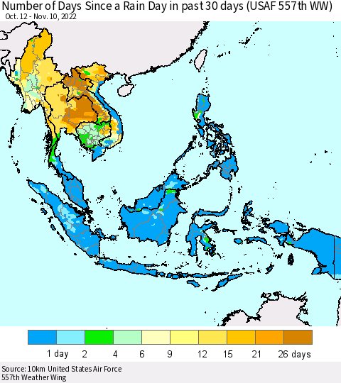 South East Asia Number of Days Since a Rain Day in past 30 days (USAF 557th WW) Thematic Map For 11/6/2022 - 11/10/2022