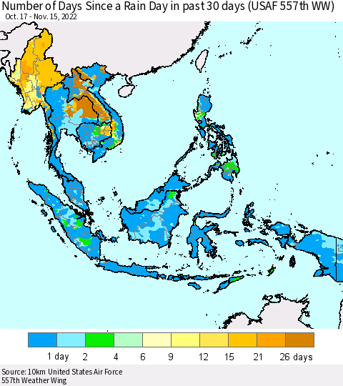 South East Asia Number of Days Since a Rain Day in past 30 days (USAF 557th WW) Thematic Map For 11/11/2022 - 11/15/2022