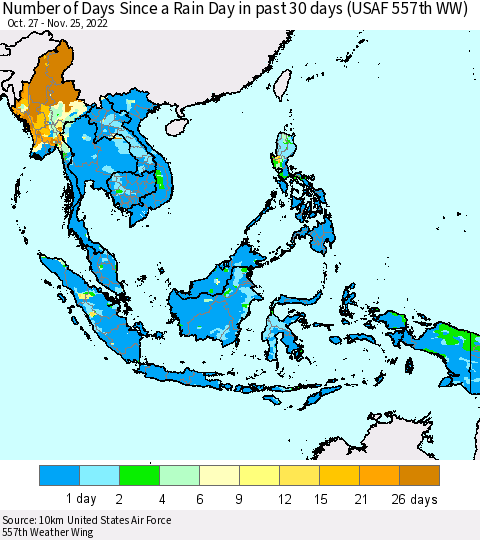 South East Asia Number of Days Since a Rain Day in past 30 days (USAF 557th WW) Thematic Map For 11/21/2022 - 11/25/2022