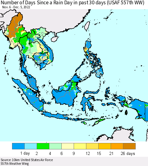 South East Asia Number of Days Since a Rain Day in past 30 days (USAF 557th WW) Thematic Map For 12/1/2022 - 12/5/2022