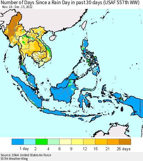 South East Asia Number of Days Since a Rain Day in past 30 days (USAF 557th WW) Thematic Map For 12/11/2022 - 12/15/2022