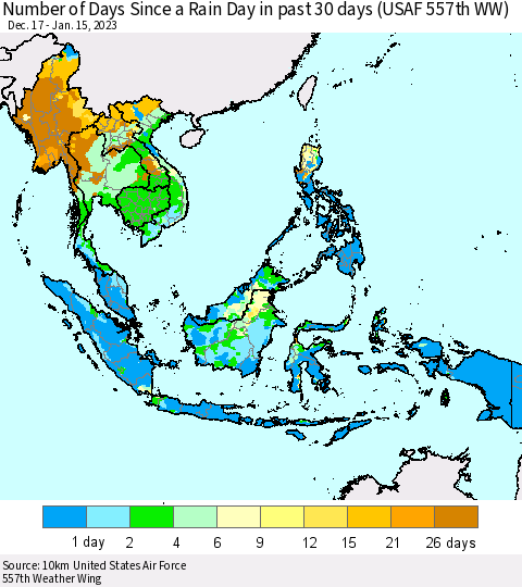 South East Asia Number of Days Since a Rain Day in past 30 days (USAF 557th WW) Thematic Map For 1/11/2023 - 1/15/2023