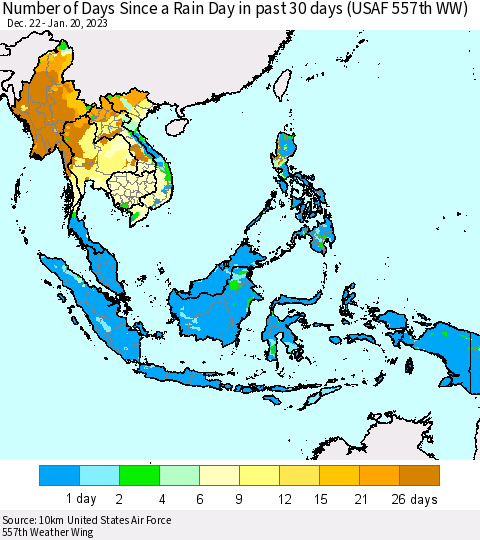 South East Asia Number of Days Since a Rain Day in past 30 days (USAF 557th WW) Thematic Map For 1/16/2023 - 1/20/2023