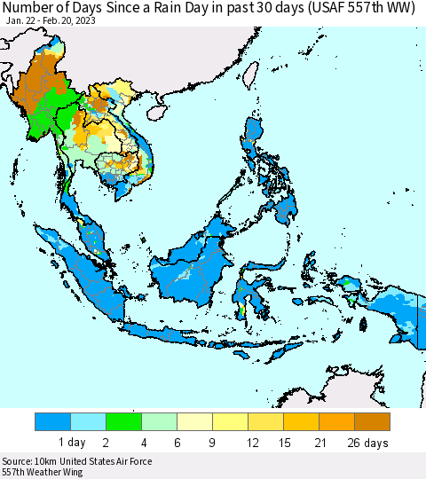 South East Asia Number of Days Since a Rain Day in past 30 days (USAF 557th WW) Thematic Map For 2/16/2023 - 2/20/2023