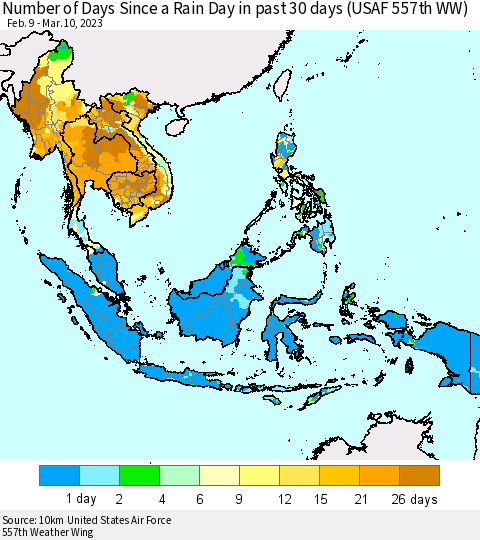 South East Asia Number of Days Since a Rain Day in past 30 days (USAF 557th WW) Thematic Map For 3/6/2023 - 3/10/2023