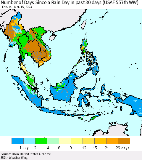 South East Asia Number of Days Since a Rain Day in past 30 days (USAF 557th WW) Thematic Map For 3/11/2023 - 3/15/2023