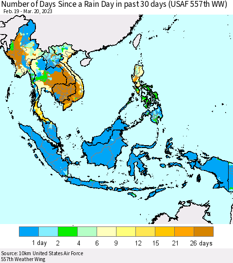 South East Asia Number of Days Since a Rain Day in past 30 days (USAF 557th WW) Thematic Map For 3/16/2023 - 3/20/2023