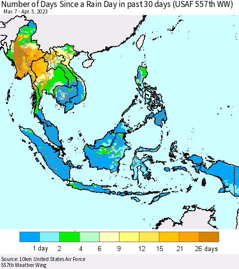 South East Asia Number of Days Since a Rain Day in past 30 days (USAF 557th WW) Thematic Map For 4/1/2023 - 4/5/2023