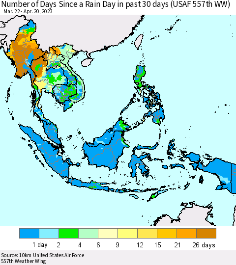 South East Asia Number of Days Since a Rain Day in past 30 days (USAF 557th WW) Thematic Map For 4/16/2023 - 4/20/2023