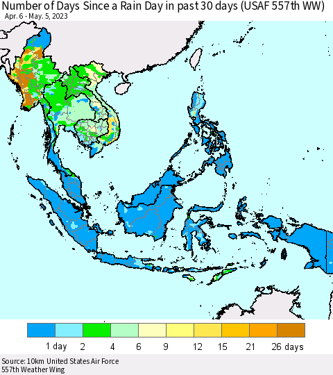 South East Asia Number of Days Since a Rain Day in past 30 days (USAF 557th WW) Thematic Map For 5/1/2023 - 5/5/2023