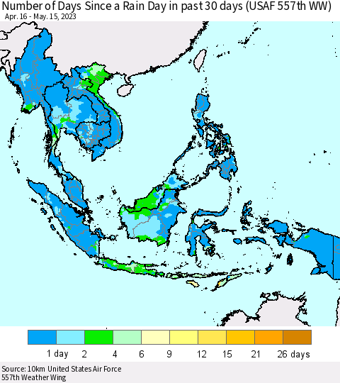 South East Asia Number of Days Since a Rain Day in past 30 days (USAF 557th WW) Thematic Map For 5/11/2023 - 5/15/2023
