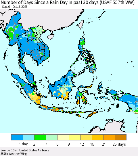South East Asia Number of Days Since a Rain Day in past 30 days (USAF 557th WW) Thematic Map For 10/1/2023 - 10/5/2023