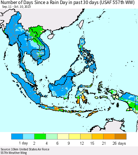 South East Asia Number of Days Since a Rain Day in past 30 days (USAF 557th WW) Thematic Map For 10/6/2023 - 10/10/2023