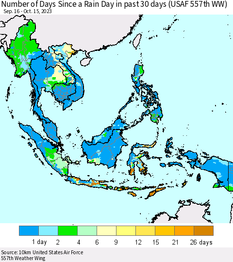 South East Asia Number of Days Since a Rain Day in past 30 days (USAF 557th WW) Thematic Map For 10/11/2023 - 10/15/2023