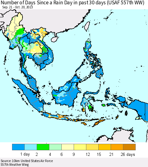 South East Asia Number of Days Since a Rain Day in past 30 days (USAF 557th WW) Thematic Map For 10/16/2023 - 10/20/2023