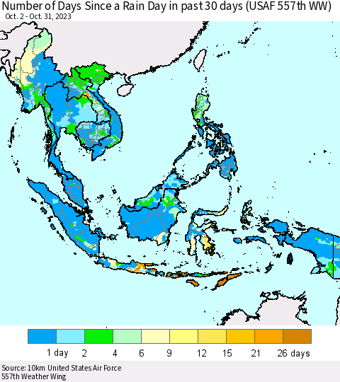 South East Asia Number of Days Since a Rain Day in past 30 days (USAF 557th WW) Thematic Map For 10/26/2023 - 10/31/2023