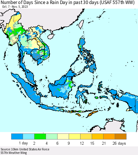 South East Asia Number of Days Since a Rain Day in past 30 days (USAF 557th WW) Thematic Map For 11/1/2023 - 11/5/2023