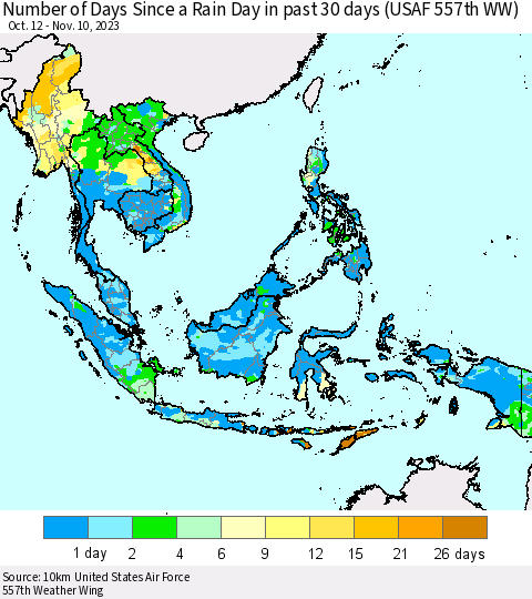 South East Asia Number of Days Since a Rain Day in past 30 days (USAF 557th WW) Thematic Map For 11/6/2023 - 11/10/2023