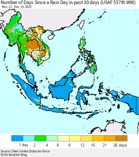 South East Asia Number of Days Since a Rain Day in past 30 days (USAF 557th WW) Thematic Map For 12/6/2023 - 12/10/2023