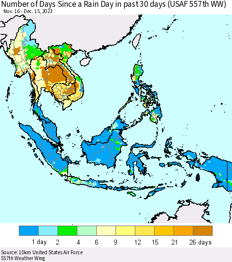 South East Asia Number of Days Since a Rain Day in past 30 days (USAF 557th WW) Thematic Map For 12/11/2023 - 12/15/2023