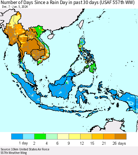South East Asia Number of Days Since a Rain Day in past 30 days (USAF 557th WW) Thematic Map For 1/1/2024 - 1/5/2024
