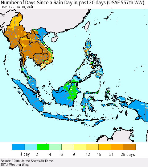 South East Asia Number of Days Since a Rain Day in past 30 days (USAF 557th WW) Thematic Map For 1/6/2024 - 1/10/2024