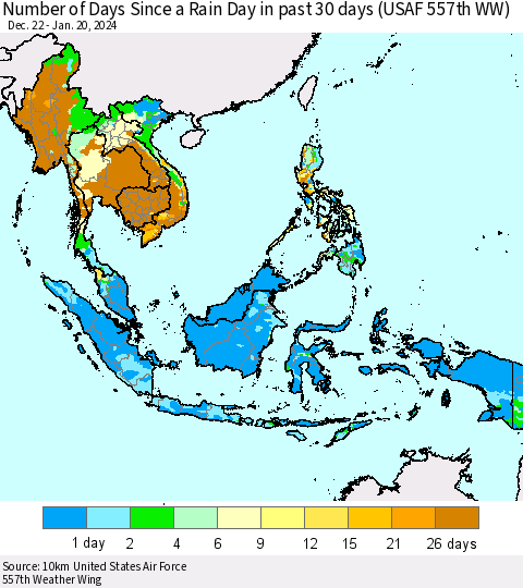 South East Asia Number of Days Since a Rain Day in past 30 days (USAF 557th WW) Thematic Map For 1/16/2024 - 1/20/2024