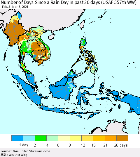 South East Asia Number of Days Since a Rain Day in past 30 days (USAF 557th WW) Thematic Map For 3/1/2024 - 3/5/2024