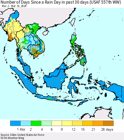 South East Asia Number of Days Since a Rain Day in past 30 days (USAF 557th WW) Thematic Map For 3/26/2024 - 3/31/2024