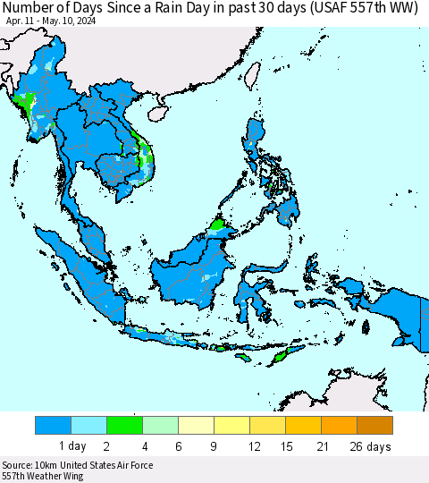 South East Asia Number of Days Since a Rain Day in past 30 days (USAF 557th WW) Thematic Map For 5/6/2024 - 5/10/2024