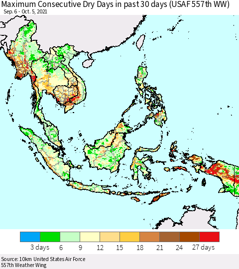South East Asia Maximum Consecutive Dry Days in past 30 days (USAF 557th WW) 10/05/2021 Thematic Map For 10/1/2021 - 10/5/2021