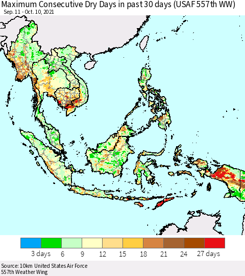 South East Asia Maximum Consecutive Dry Days in past 30 days (USAF 557th WW) 10/10/2021 Thematic Map For 10/6/2021 - 10/10/2021