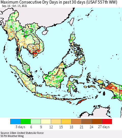 South East Asia Maximum Consecutive Dry Days in past 30 days (USAF 557th WW) 10/15/2021 Thematic Map For 10/11/2021 - 10/15/2021