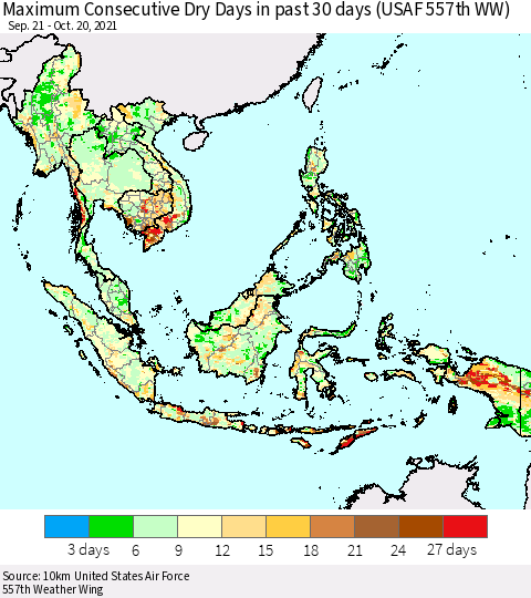 South East Asia Maximum Consecutive Dry Days in past 30 days (USAF 557th WW) 10/20/2021 Thematic Map For 10/16/2021 - 10/20/2021