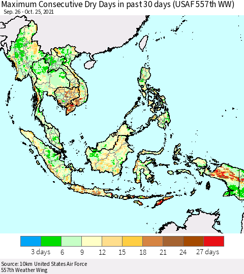 South East Asia Maximum Consecutive Dry Days in past 30 days (USAF 557th WW) 10/25/2021 Thematic Map For 10/21/2021 - 10/25/2021