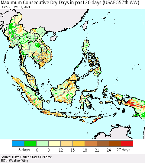 South East Asia Maximum Consecutive Dry Days in past 30 days (USAF 557th WW) 10/31/2021 Thematic Map For 10/26/2021 - 10/31/2021