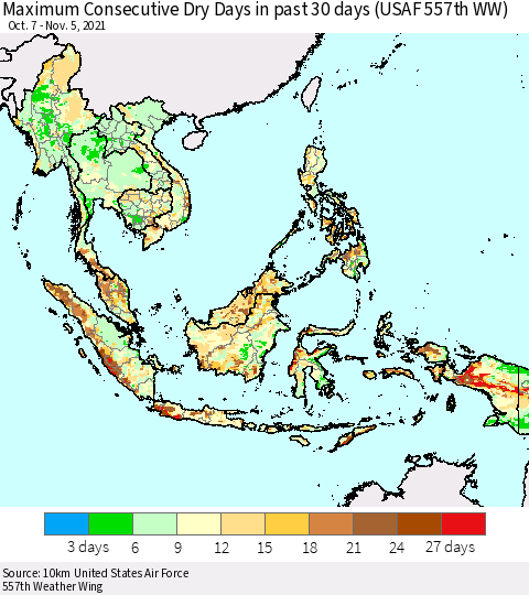 South East Asia Maximum Consecutive Dry Days in past 30 days (USAF 557th WW) 11/05/2021 Thematic Map For 11/1/2021 - 11/5/2021