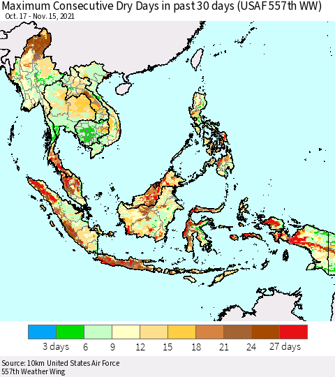 South East Asia Maximum Consecutive Dry Days in past 30 days (USAF 557th WW) 11/15/2021 Thematic Map For 11/11/2021 - 11/15/2021