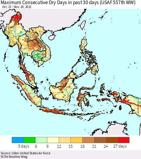 South East Asia Maximum Consecutive Dry Days in past 30 days (USAF 557th WW) 11/20/2021 Thematic Map For 11/16/2021 - 11/20/2021